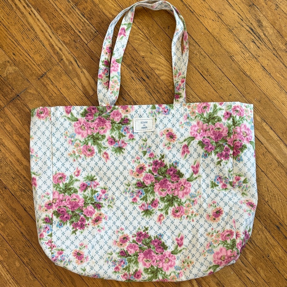 Sezane Pink and Green Floral Tote
